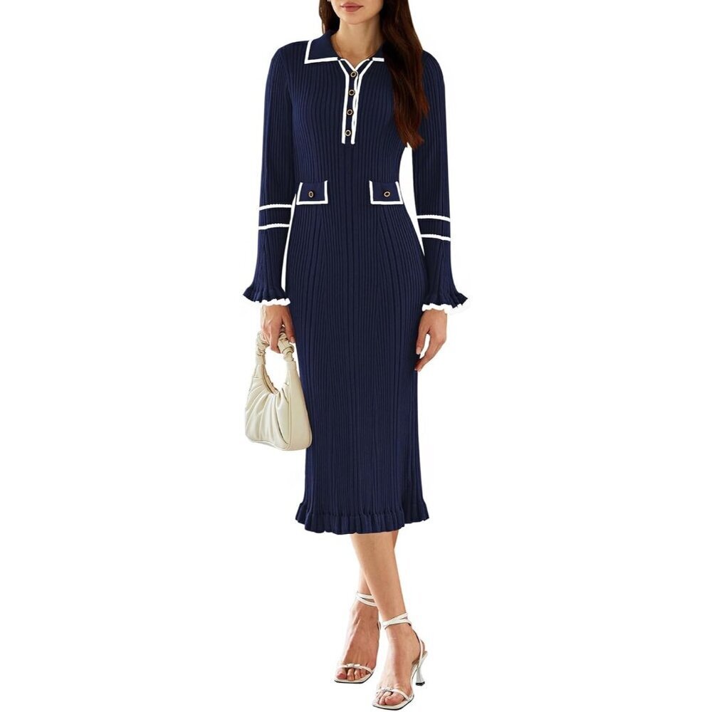 Women's V Neck Bodycon Sweater Dress Long Sleeve Ruffle Knit Slim Fit